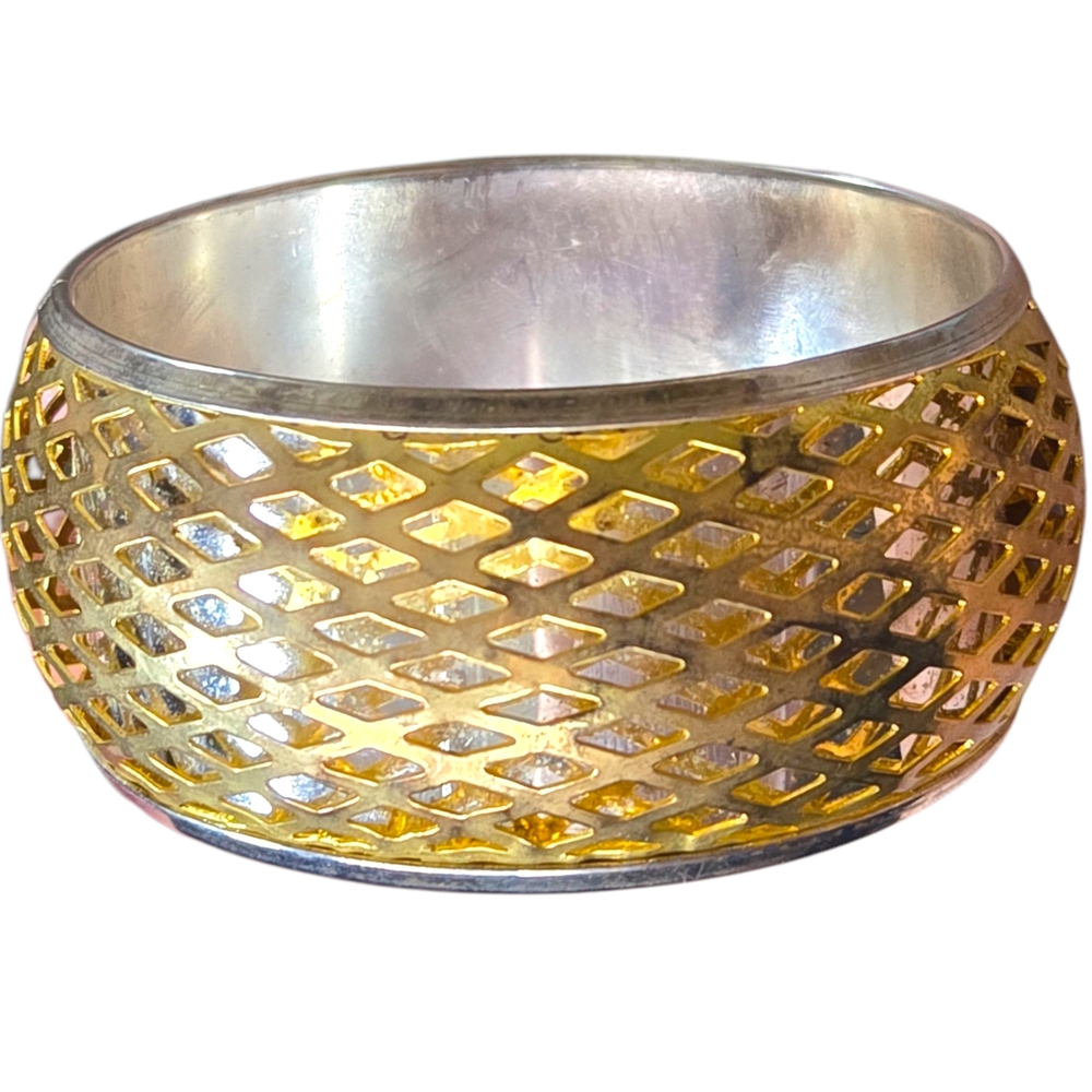 Vintage Two-Tone Mesh Bangle Bracelet Big Bold Chunky Statement Gold and Silver